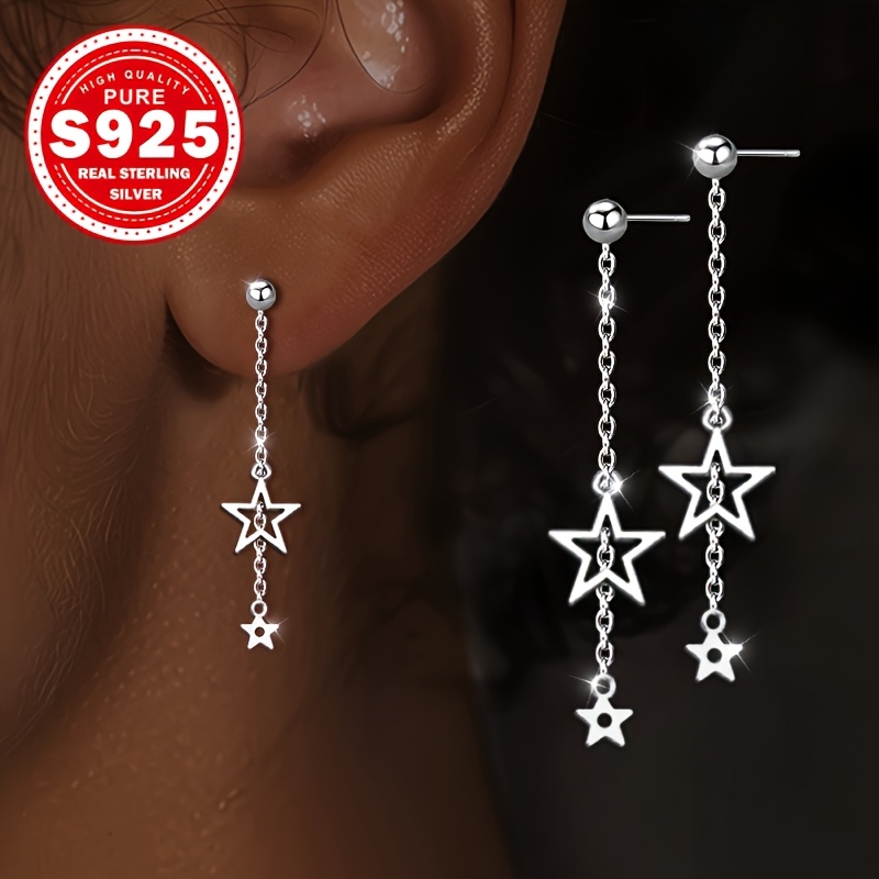 Women's S925 Silver Star Tassel Drop Earrings, Elegant Style